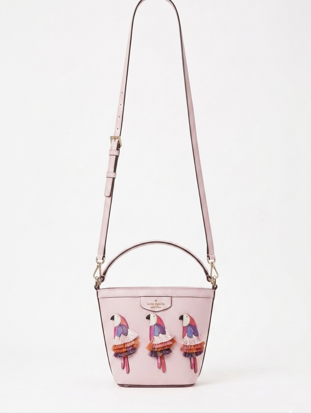 Kate Spade Pippa Flock Party Small Bucket Bag With 3 Parrot Applique